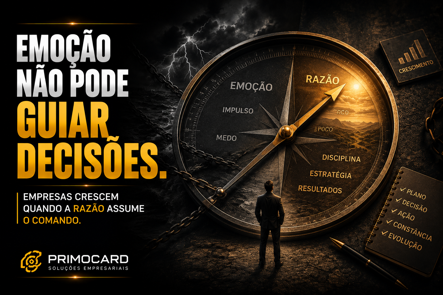 Grande bussola dividida entre emocao e razao simbolizando decisoes empresariais.