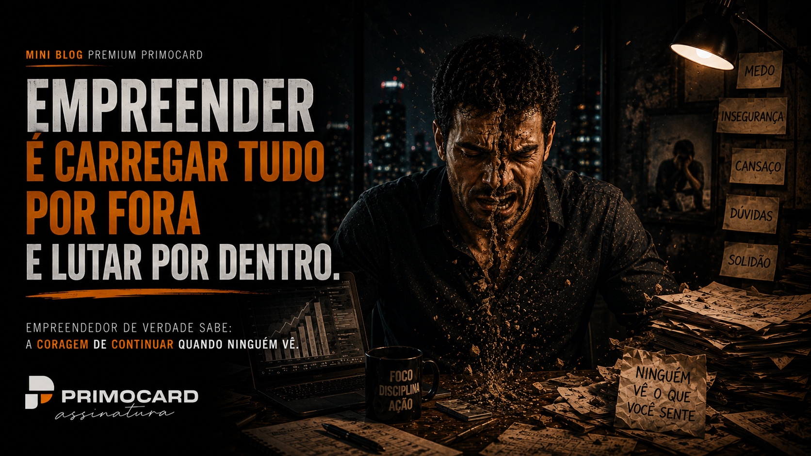 Empresaria exausta cercada por responsabilidades e decisoes empresariais, representando o peso de sustentar um negocio sem estrutura adequada.