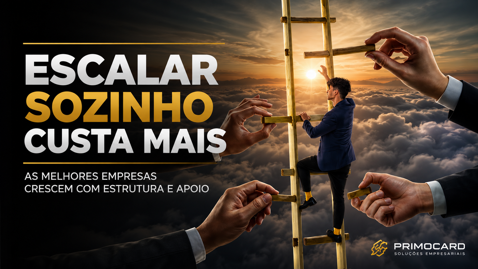Empresario subindo uma escada enquanto varias maos ajudam a montar os degraus durante o crescimento da empresa.