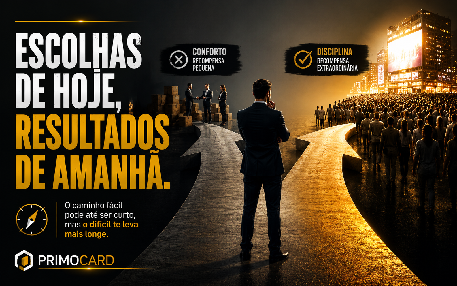 Empresario diante de dois caminhos simbolizando decisoes que afetam os resultados futuros.