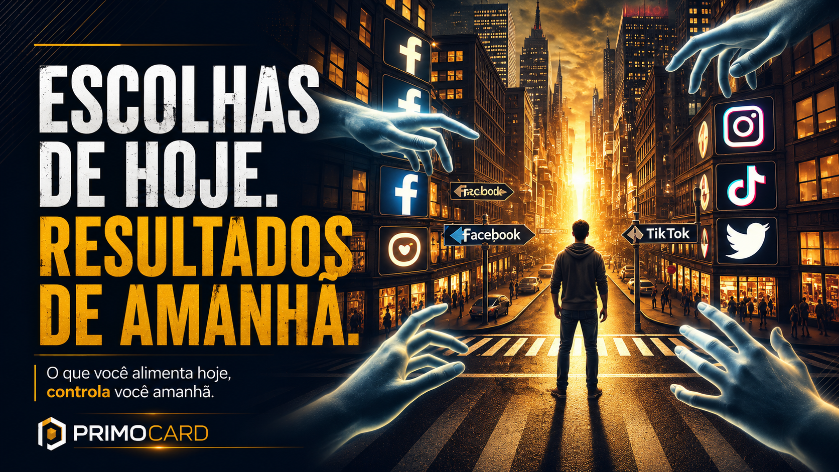 Pessoa cercada por simbolos digitais e redes sociais refletindo sobre escolhas que impactam o futuro.