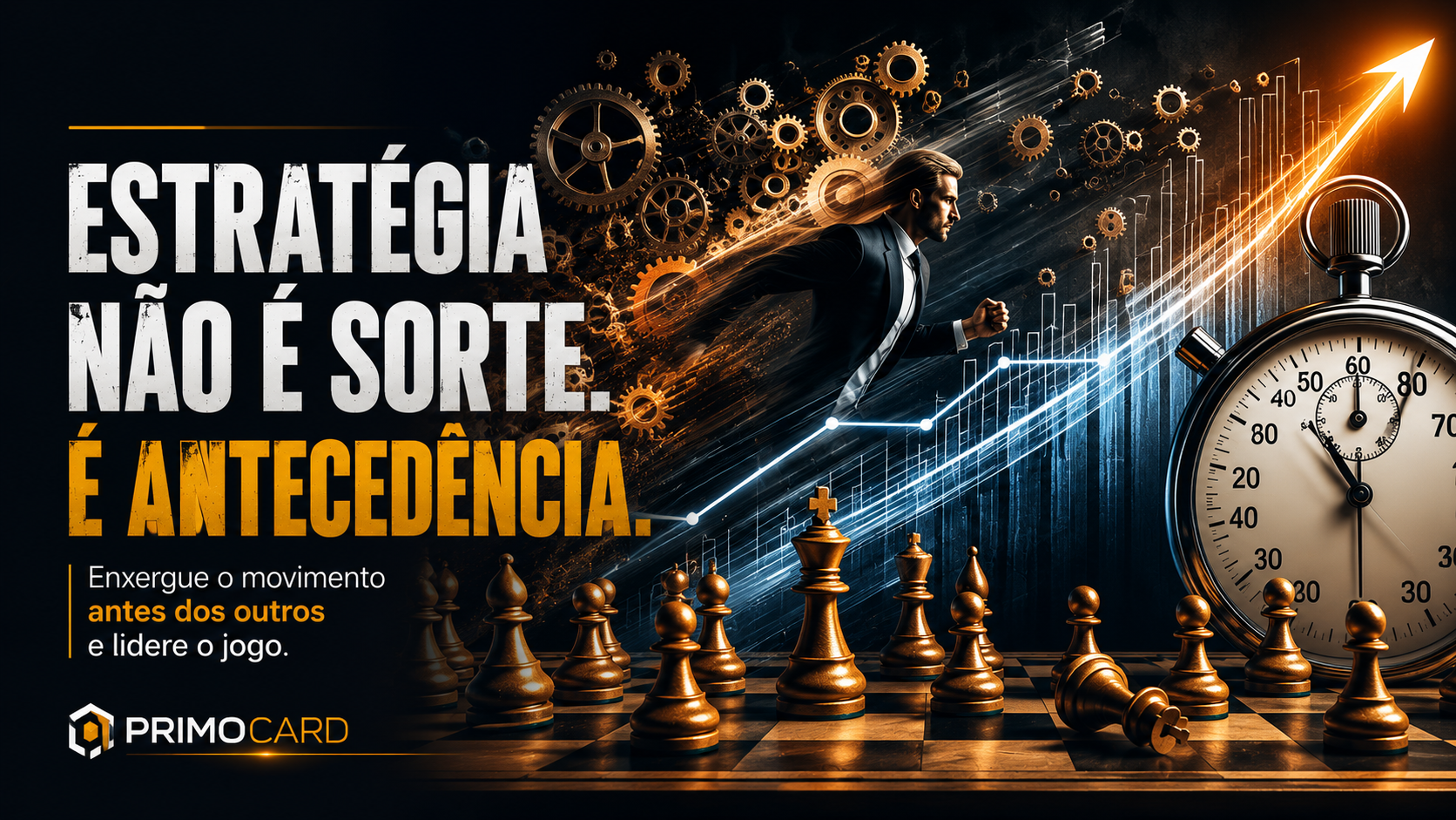 Tabuleiro de xadrez com cronometro e graficos simbolizando planejamento, antecipacao e estrategia.