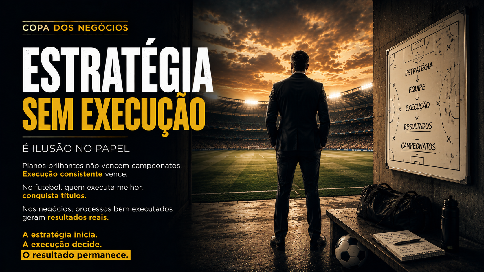 Executivo observando um estadio de futebol enquanto um quadro tatico mostra a sequencia estrategia, equipe, execucao, resultados e campeonatos. A imagem representa a importancia da execucao para transformar planejamento em resultados concretos nos negocios.