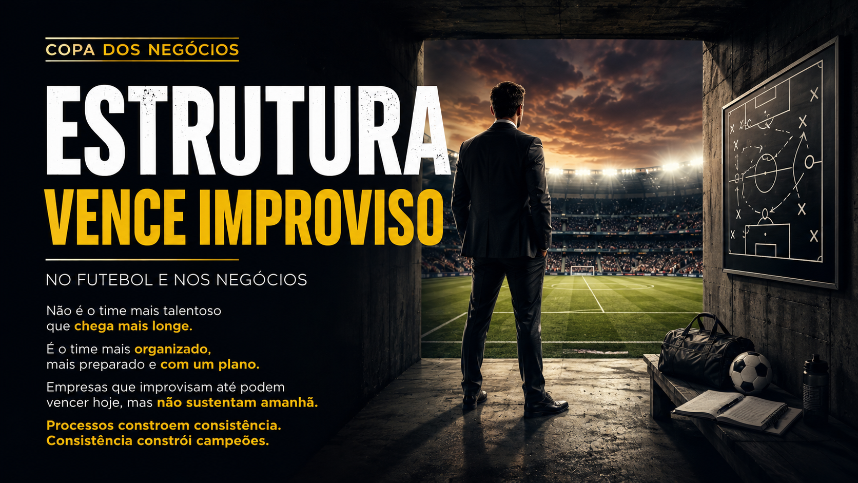 Tecnico observando um estadio enquanto analisa estrategias representando planejamento, organizacao e estrutura empresarial.