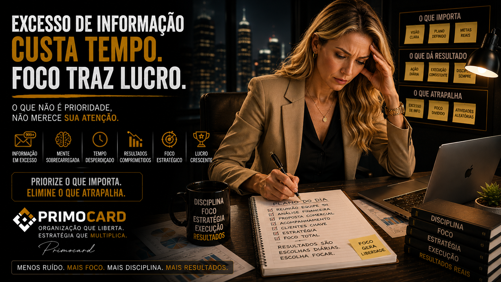 Empresaria analisando prioridades e metas de crescimento.
