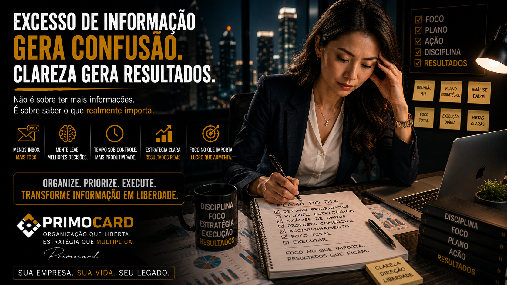 Profissional analisando informacoes enquanto organiza prioridades.