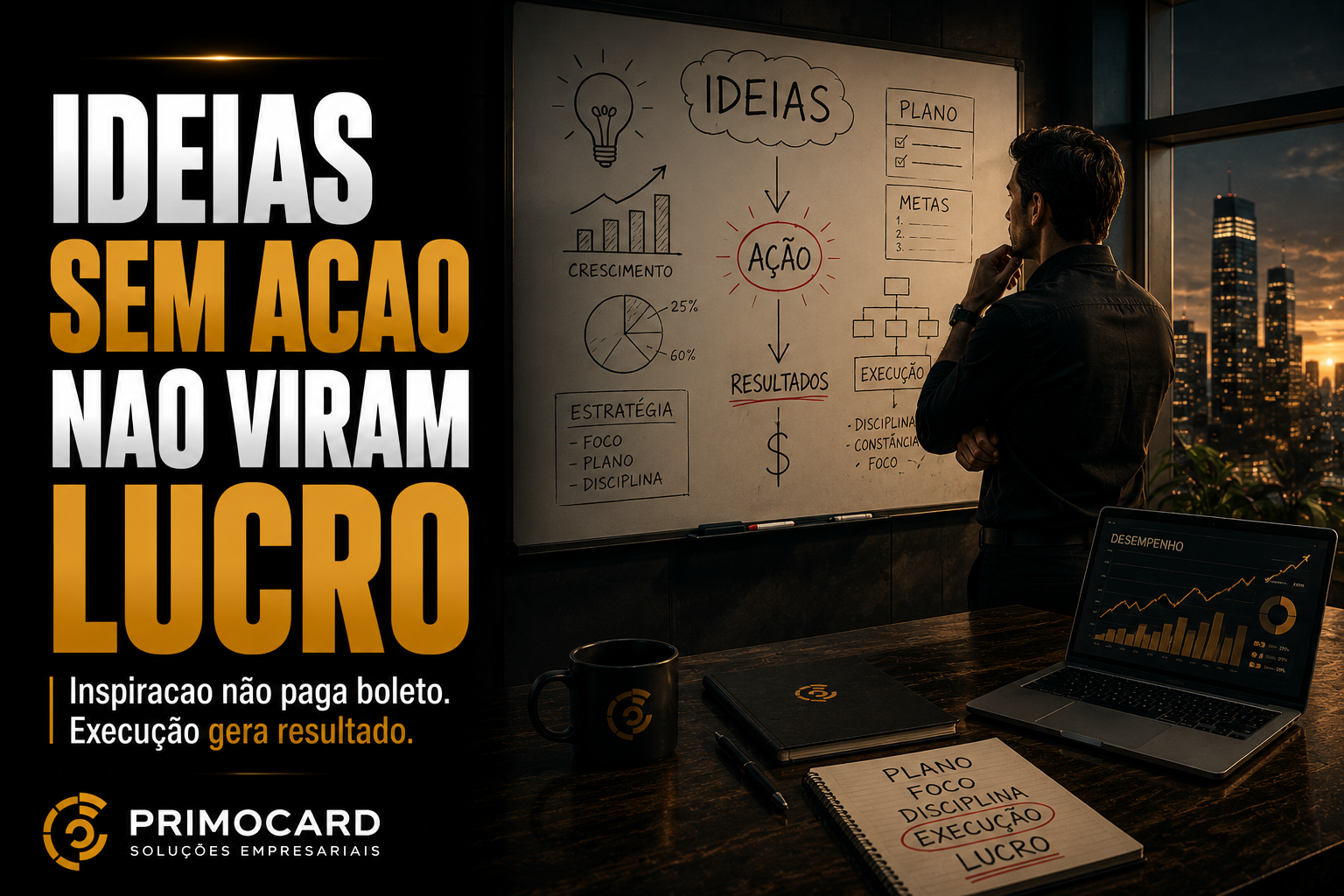 Empresario analisando plano de execucao diante de quadro estrategico.