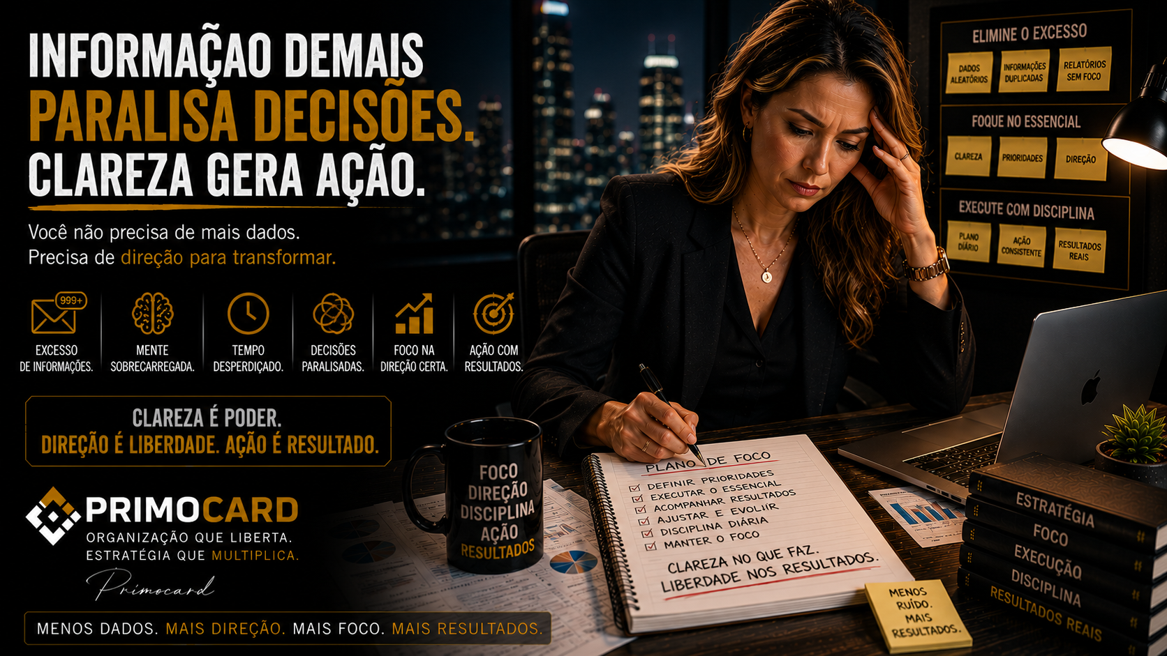 Executiva focada organizando prioridades e metas empresariais.