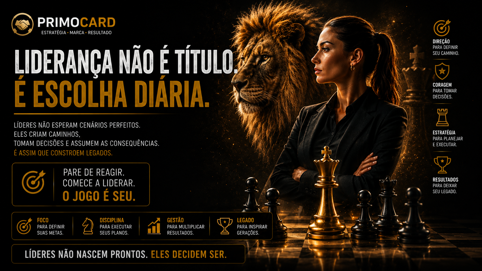 Mulher executiva ao lado de um leão simbolizando liderança, coragem e decisão.