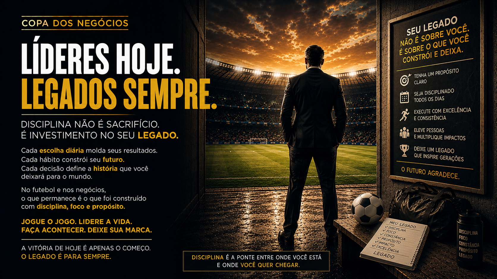 Executivo observando um estadio iluminado enquanto um quadro destaca disciplina, proposito, consistencia e legado. A imagem representa lideranca empresarial focada na construcao de resultados duradouros e impacto de longo prazo.