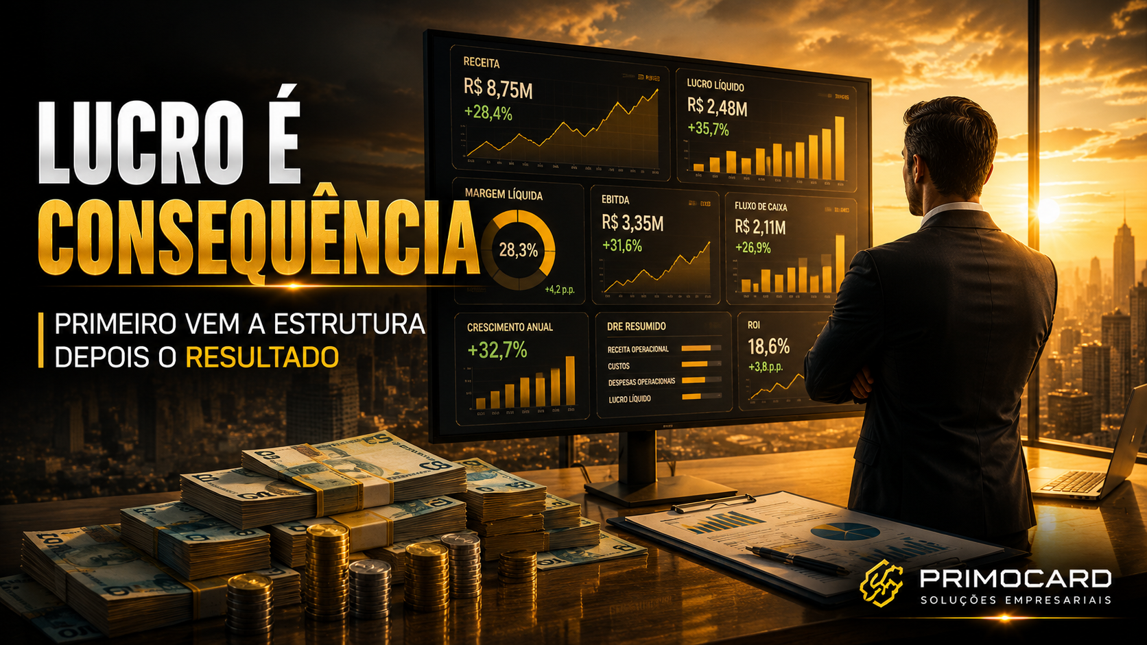 Empresario analisando painel de indicadores e relatorios estrategicos em ambiente corporativo moderno, destacando a importancia da gestao por dados.