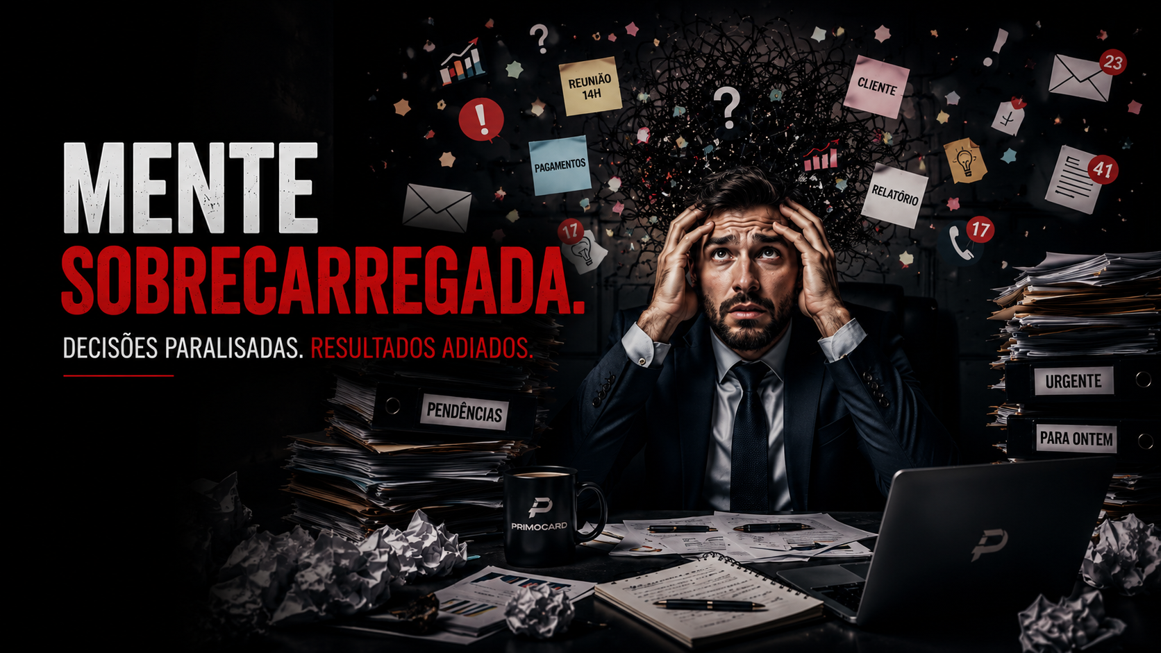 Empresario cercado por pilhas de documentos e tarefas acumuladas.