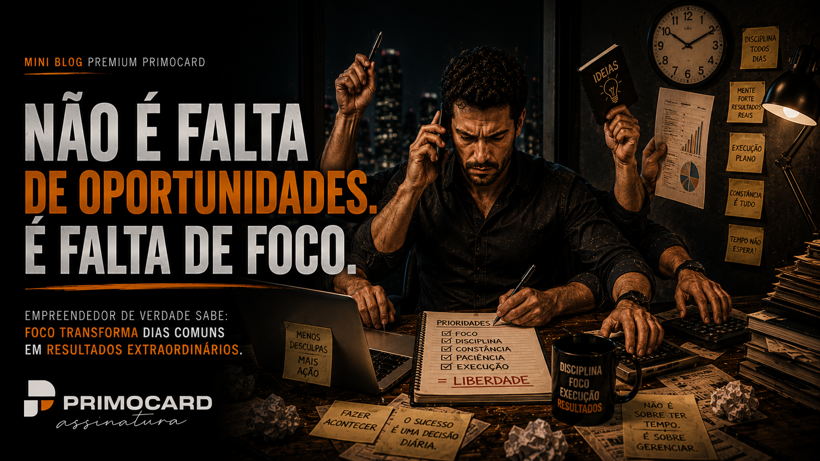 Empresaria concentrada em seu escritorio durante a noite, cercada por tarefas e decisoes, representando foco, prioridade e crescimento empresarial.
