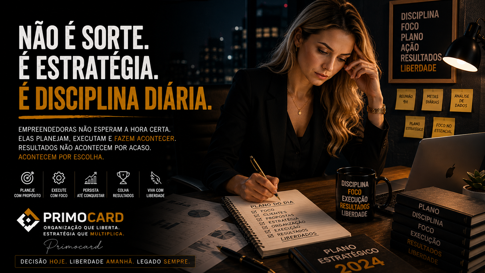 Empresaria planejando atividades em escritorio durante a noite enquanto a mensagem destaca estrategia, disciplina diaria e crescimento empresarial.