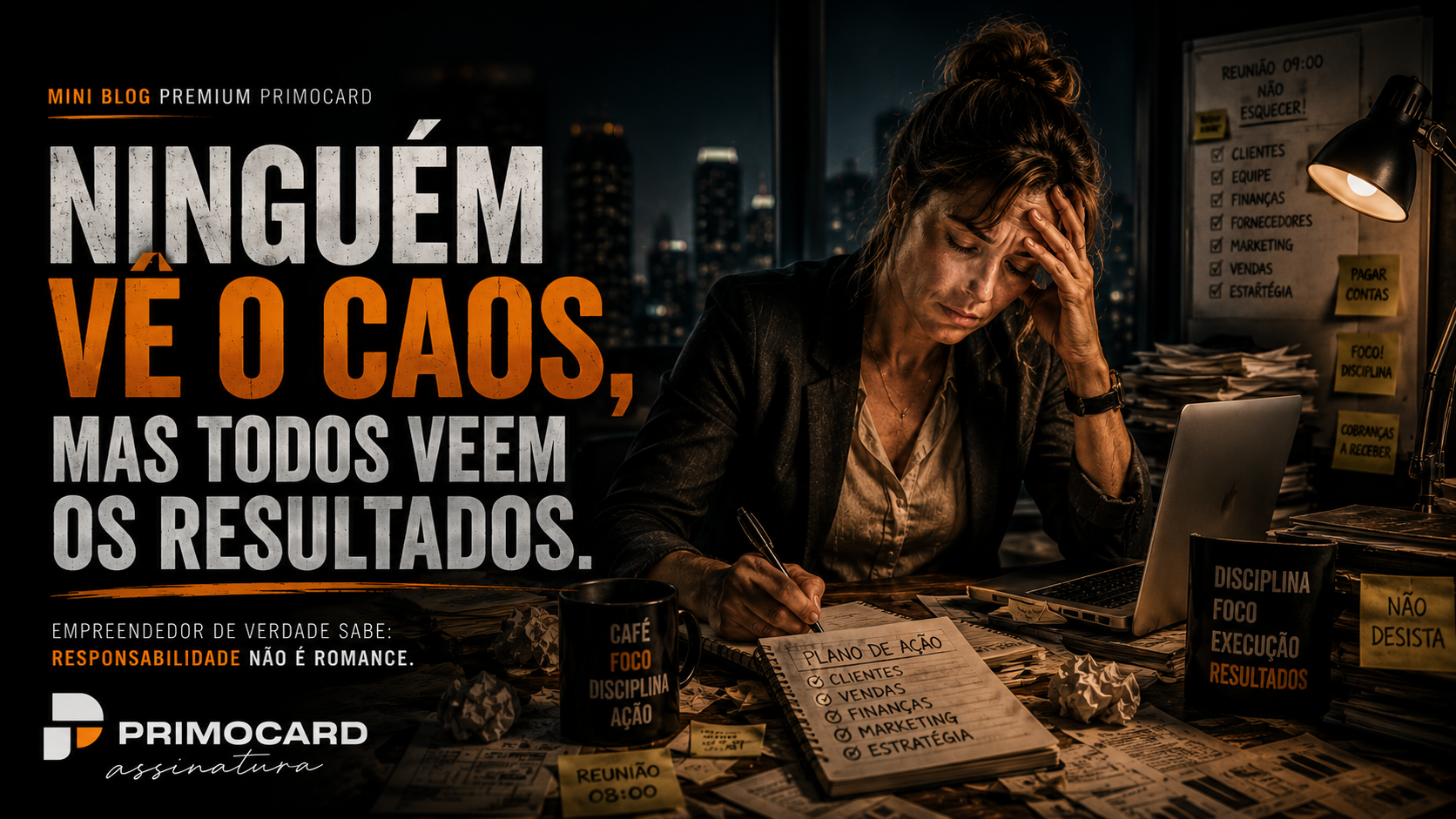 Empreendedora trabalhando sozinha durante a noite cercada por tarefas, responsabilidades e decisoes que representam a sobrecarga invisivel da gestao empresarial.