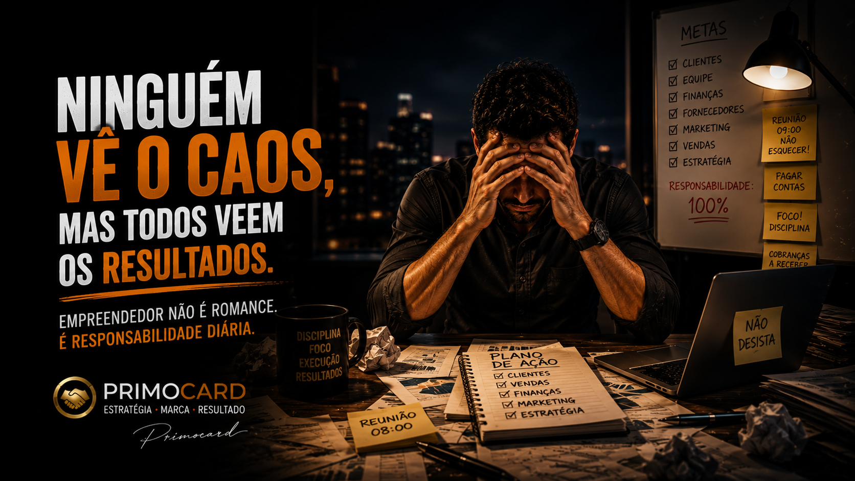 Empresario trabalhando ate tarde cercado por metas e responsabilidades.