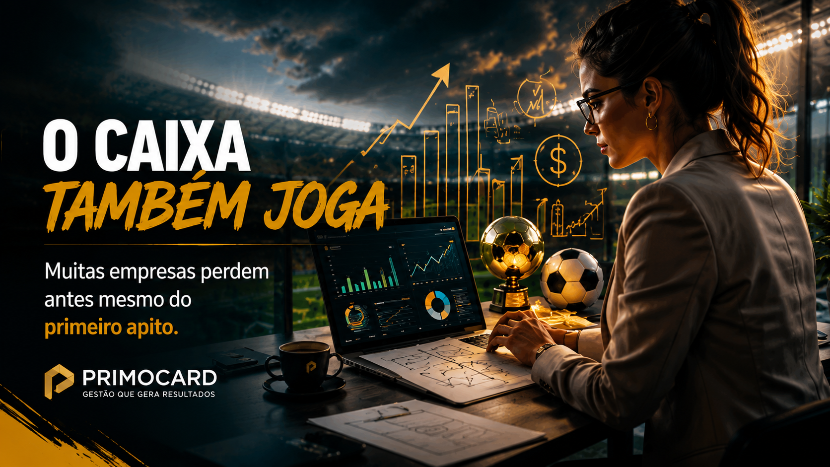 Mulher executiva analisando indicadores financeiros em ambiente inspirado em estadio.