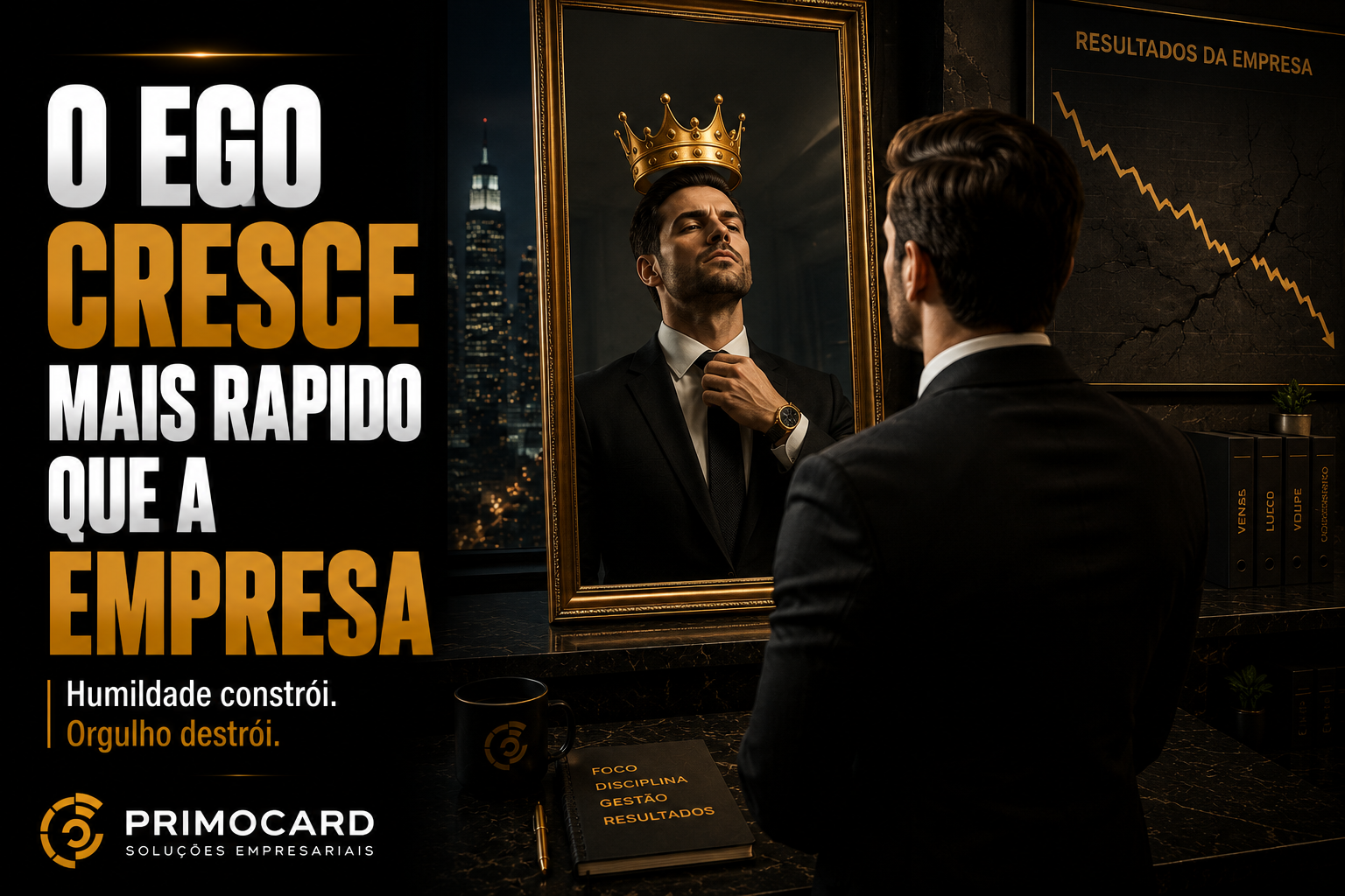 Empresario observando seu reflexo com uma coroa enquanto indicadores da empresa apontam queda.
