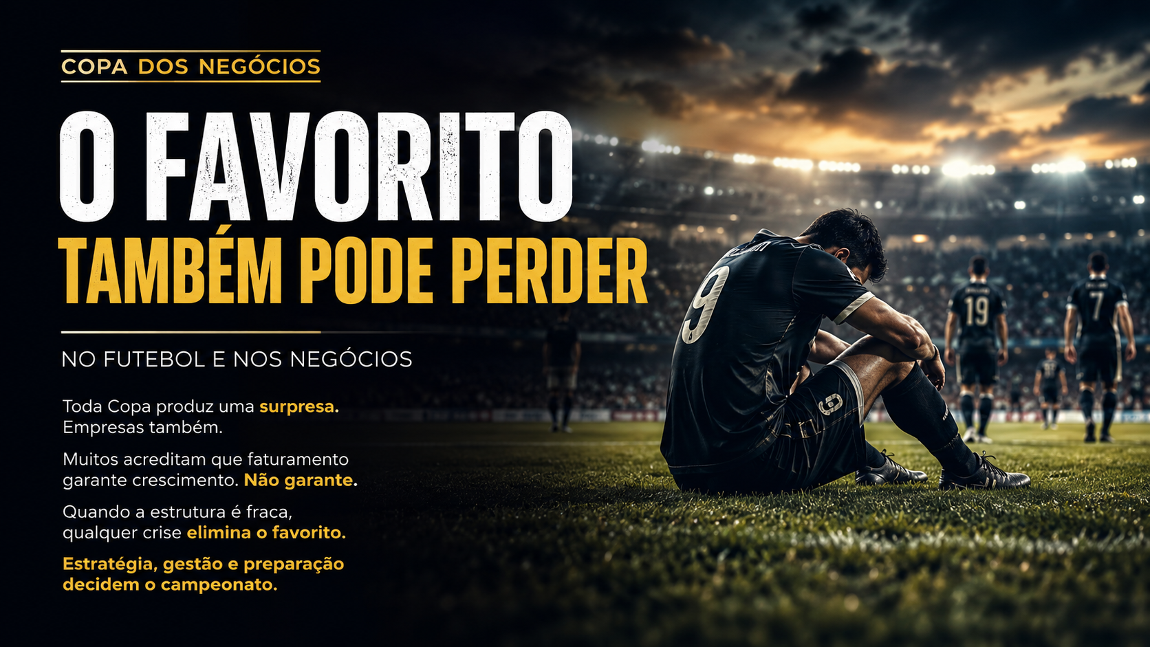 Jogador abatido sentado no gramado de um estadio iluminado durante uma partida decisiva representando empresas que confiam apenas no favoritismo.