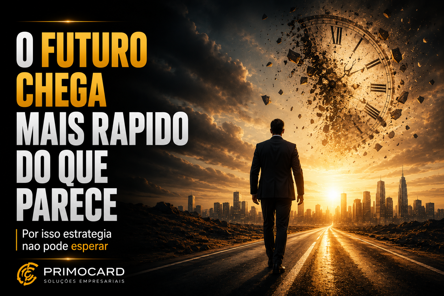 Ampulheta gigante representando o tempo passando diante de empresario observando o futuro.