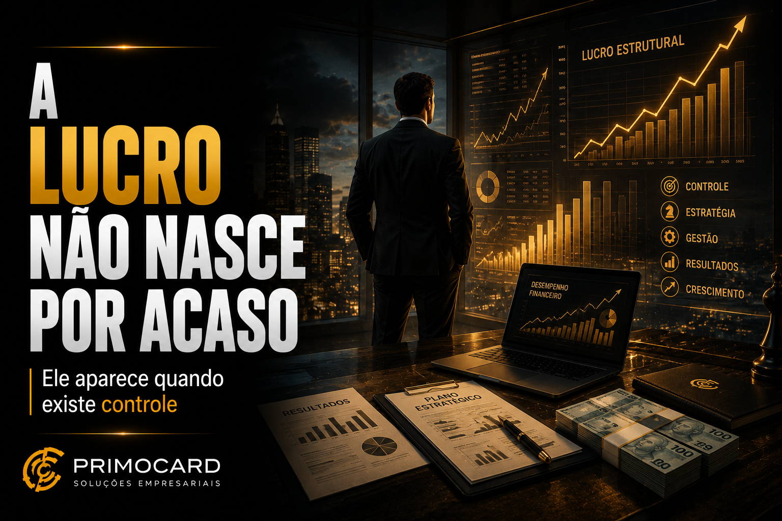 Empresario analisando indicadores financeiros e graficos de crescimento empresarial.