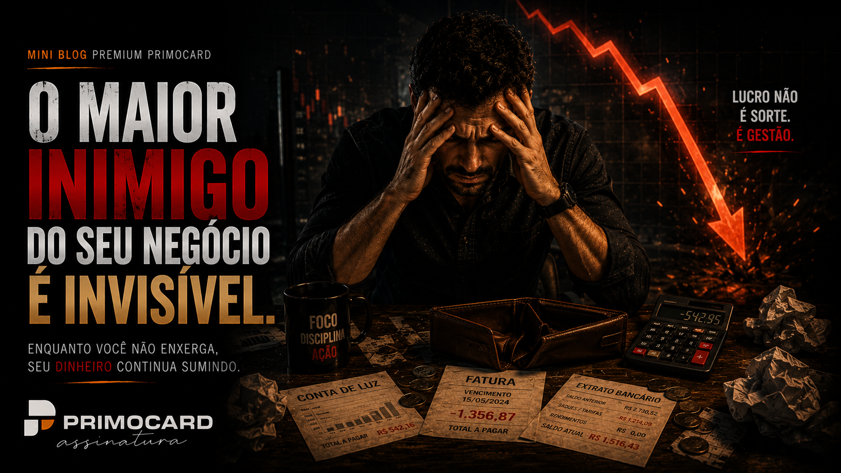 Empresaria loira analisando documentos financeiros em um escritorio sob clima de tensao, enquanto um leao surge ao fundo simbolizando forca, risco e vigilancia empresarial.