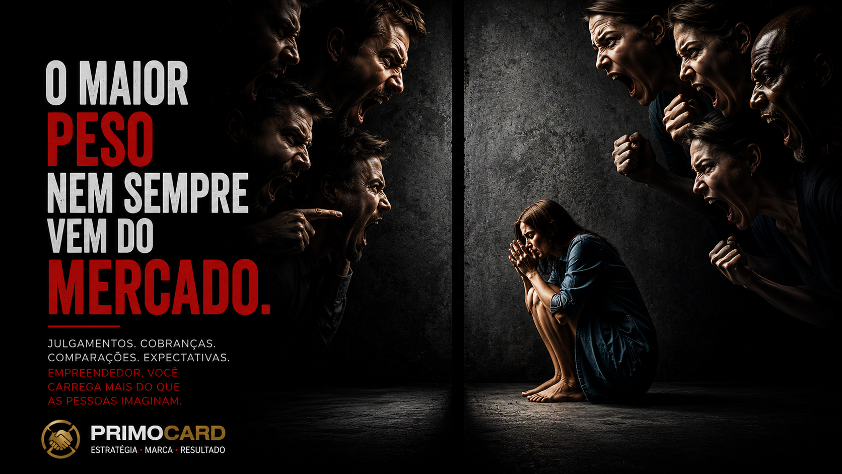 Pessoa pressionada por cobrancas e expectativas externas.
