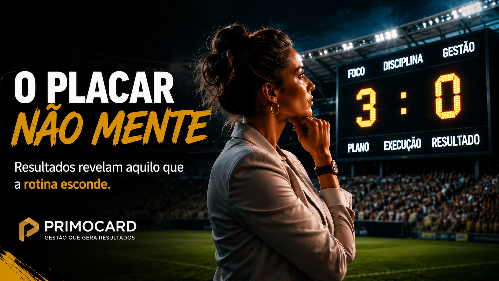 Mulher executiva observando placar iluminado em estadio durante a noite.