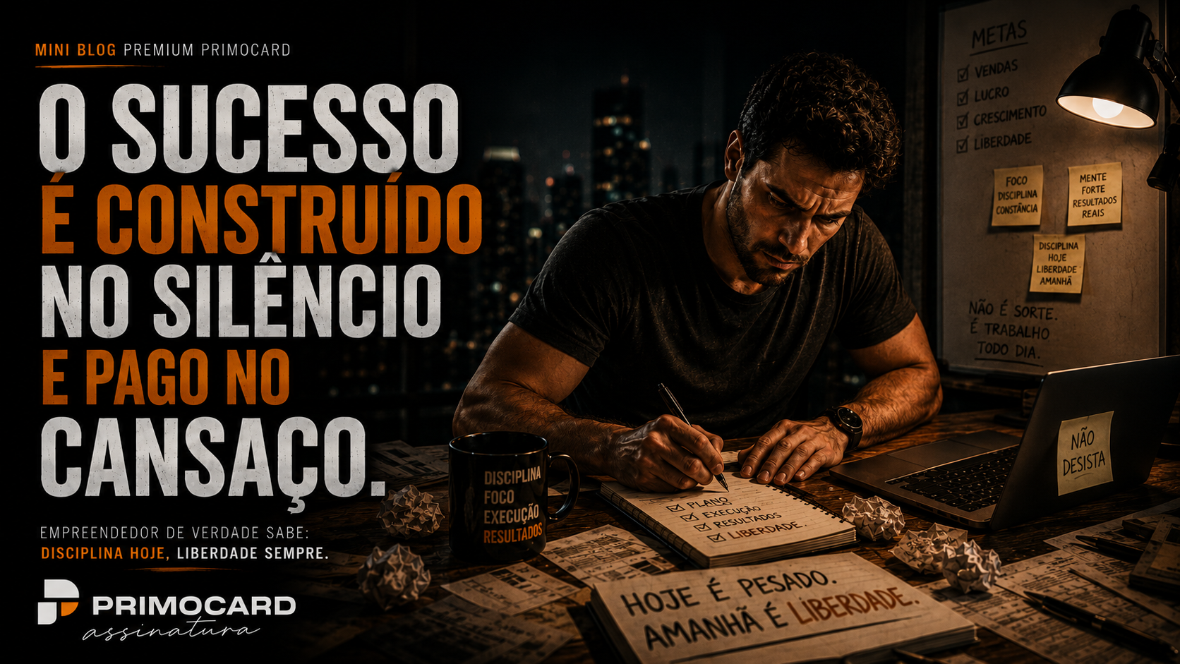 Empresaria trabalhando focada durante a noite em um escritorio moderno, representando disciplina, consistencia e execucao empresarial.