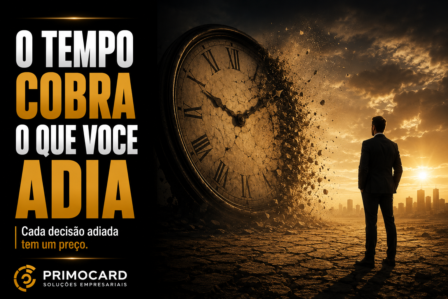 Empresario observando um relogio gigante se desfazendo enquanto o tempo avanca.