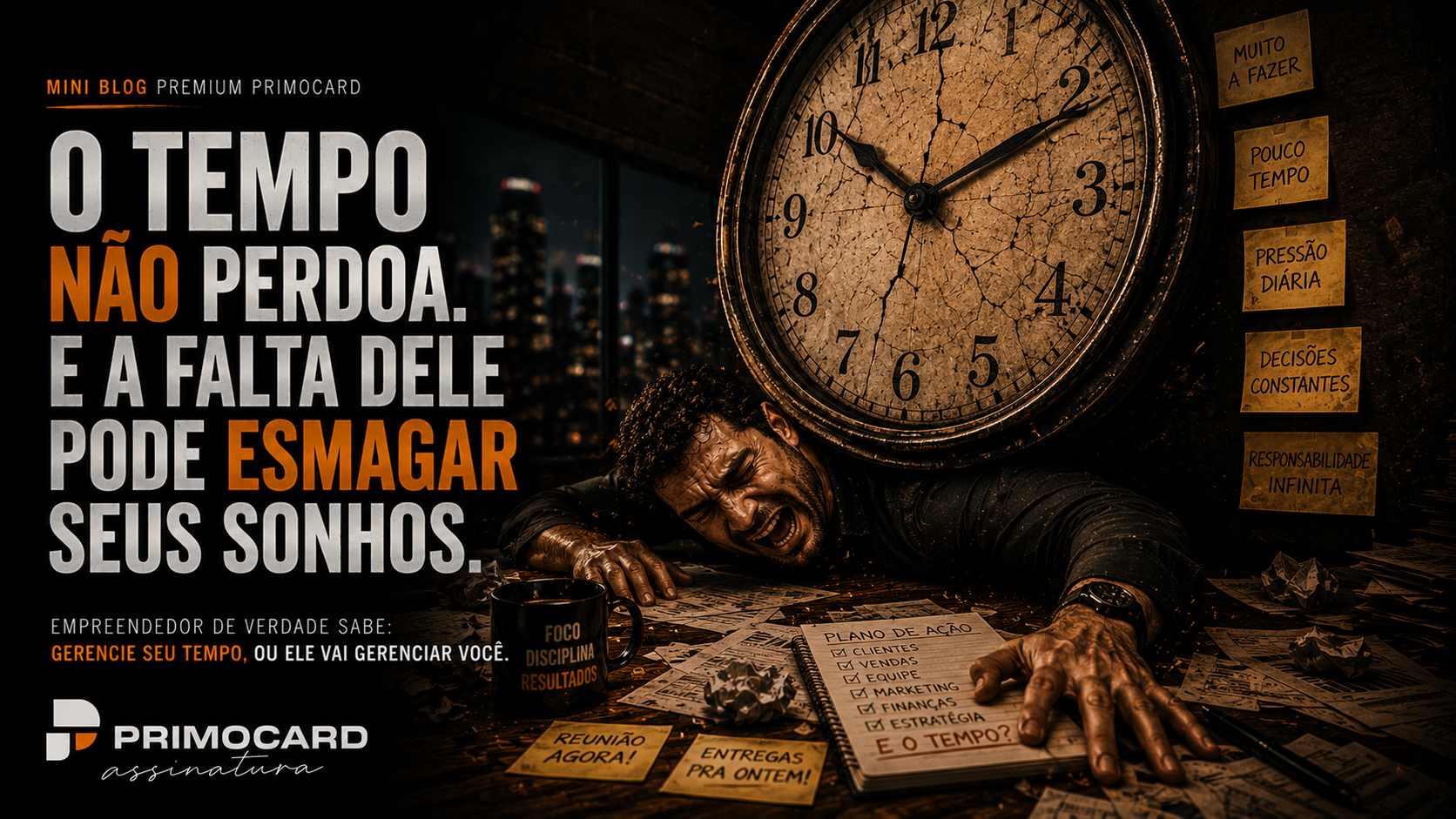 Empresaria pressionada pelo tempo diante de um grande relogio simbolizando a correria, a sobrecarga e os desafios da gestao empresarial.