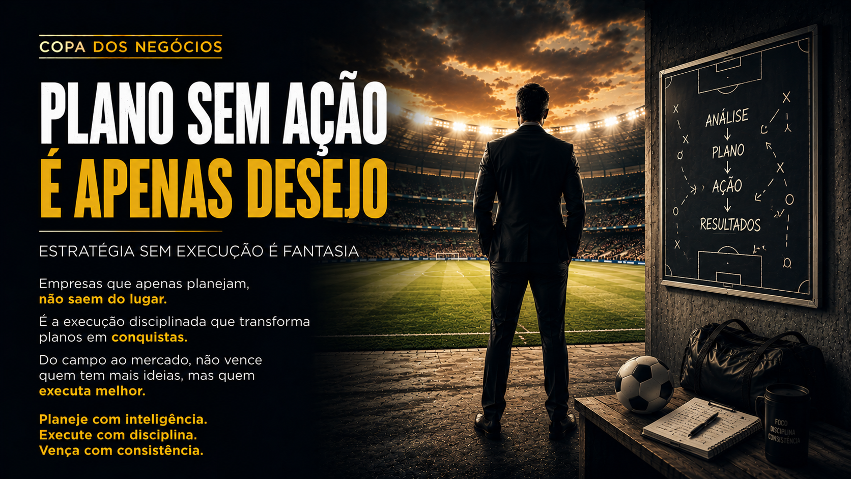 Executivo observando um estadio enquanto um quadro estrategico apresenta a sequencia analise, plano, acao e resultados. A imagem representa a importancia da execucao disciplinada para transformar planejamento empresarial em crescimento e lucro.