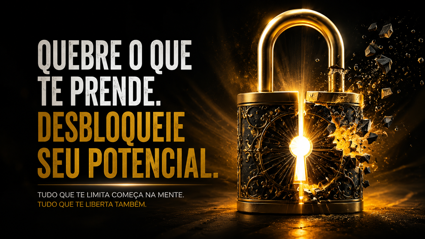 Cadeado quebrado iluminado por luz intensa, simbolizando a remocao de bloqueios internos, limitacoes empresariais e potencial de crescimento.
