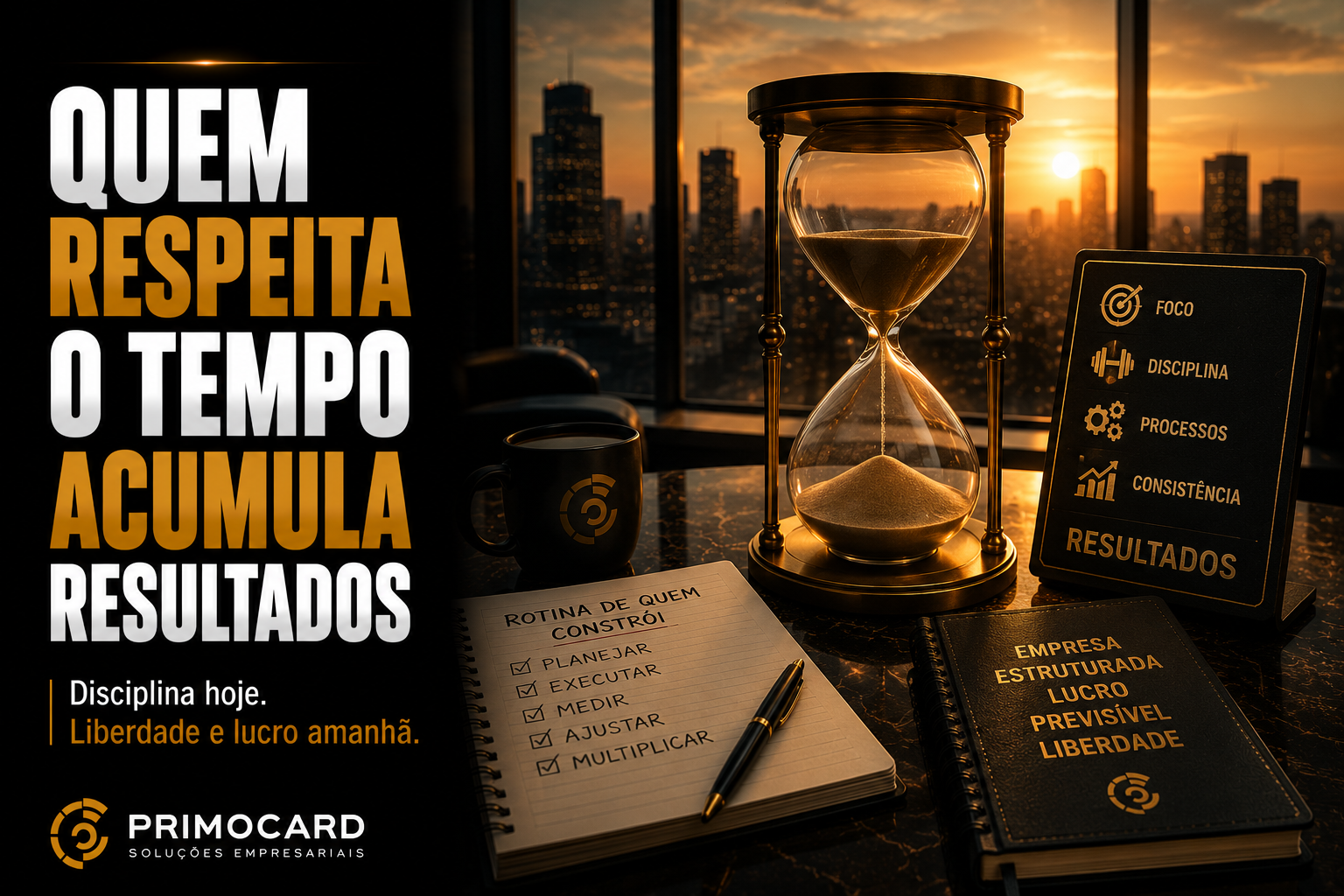 Ampulheta simbolizando disciplina, foco e acumulacao de resultados empresariais.