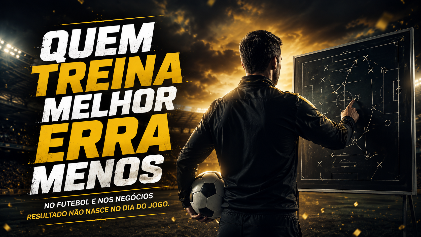 Treinador analisando estrategia em um estadio iluminado enquanto organiza jogadas em um quadro tatico. Arte relaciona preparacao esportiva com organizacao empresarial e reducao de erros.