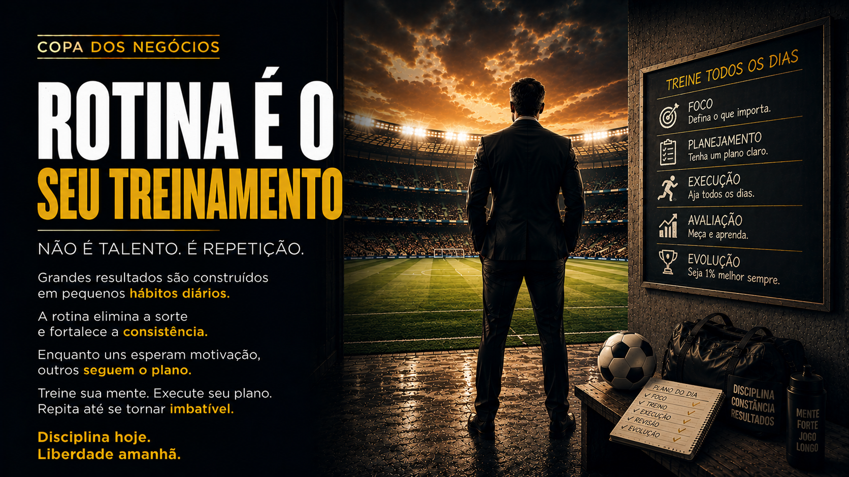 Executivo observando um estadio iluminado enquanto um quadro apresenta etapas de treinamento diario, incluindo foco, planejamento, execucao, avaliacao e evolucao. A imagem representa disciplina, rotina e crescimento empresarial consistente.