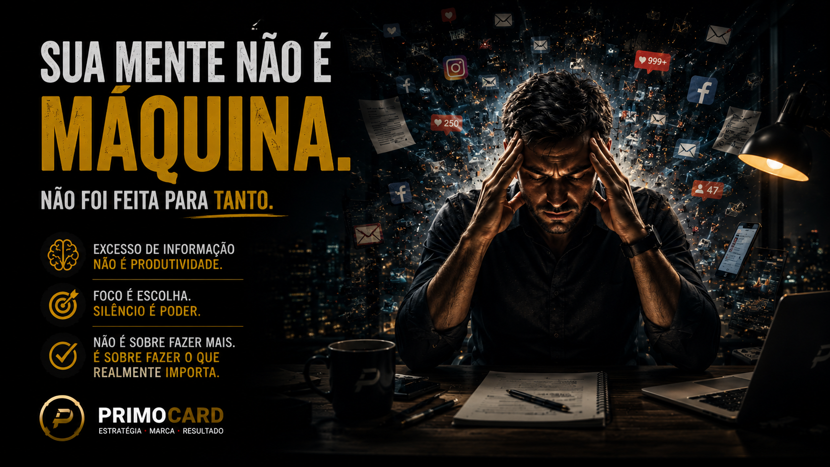 Empresario cercado por excesso de informacoes e distracoes digitais.