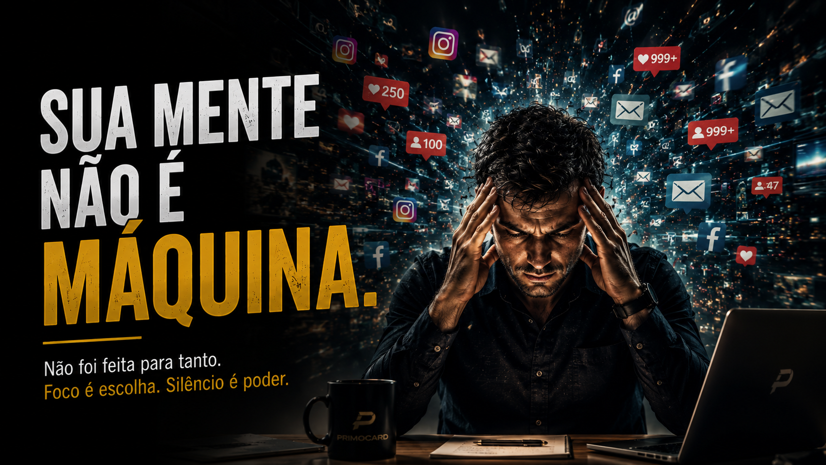 Empresario cercado por notificacoes digitais e excesso de informacao.