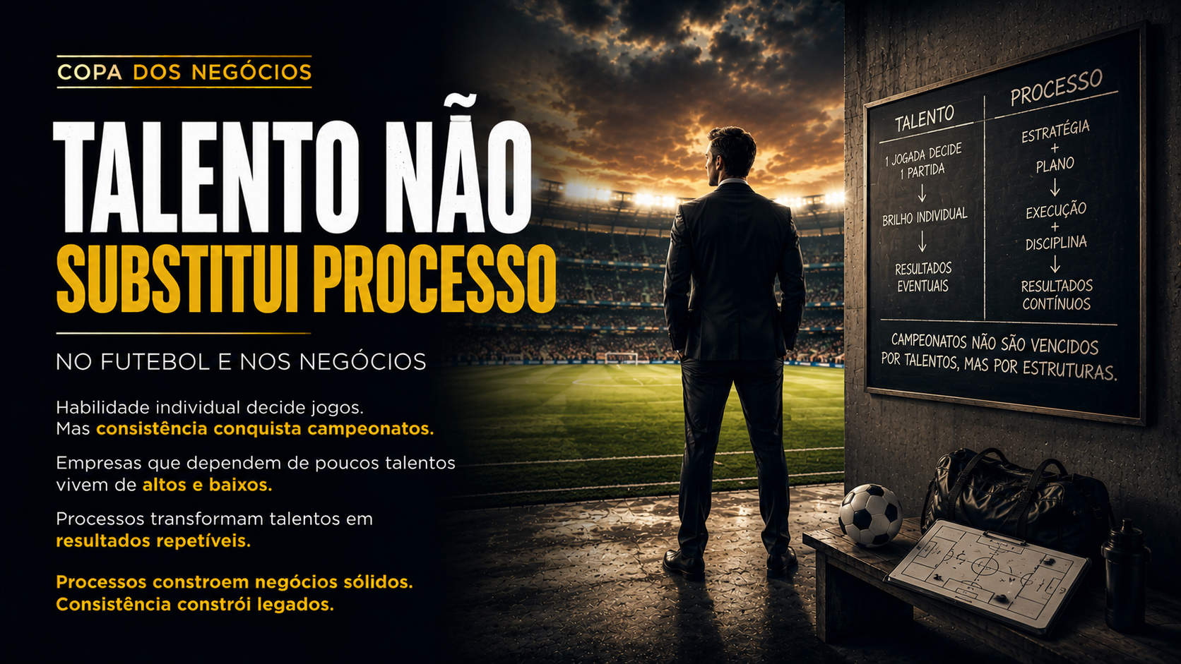 Executivo observando um estadio de futebol enquanto um quadro estrategico compara talento e processo. A imagem destaca que campeonatos e empresas sao construidos por estrutura, disciplina e execucao, nao apenas por talento individual.