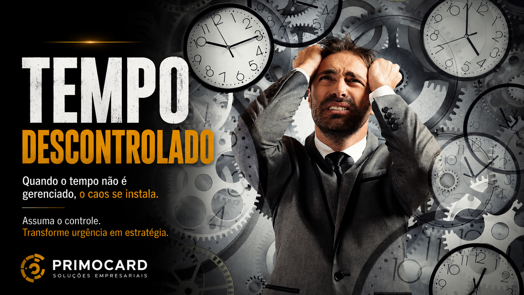 Empresario cercado por relogios representando falta de controle do tempo.