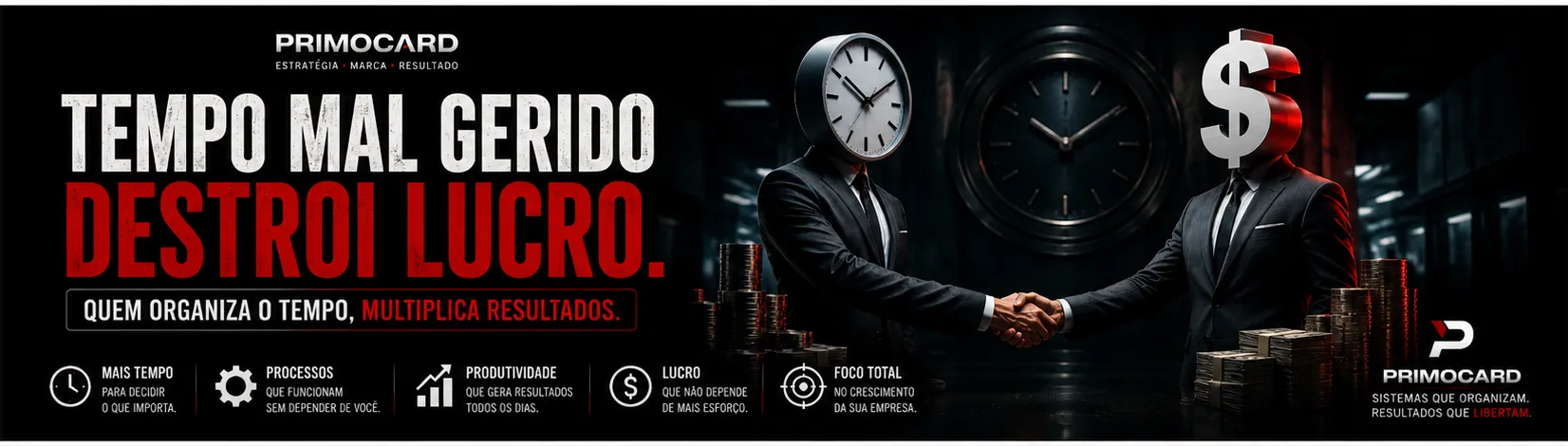 Executivos representando tempo e dinheiro apertam as maos enquanto o destaque da arte mostra que tempo mal gerido destroi lucro.