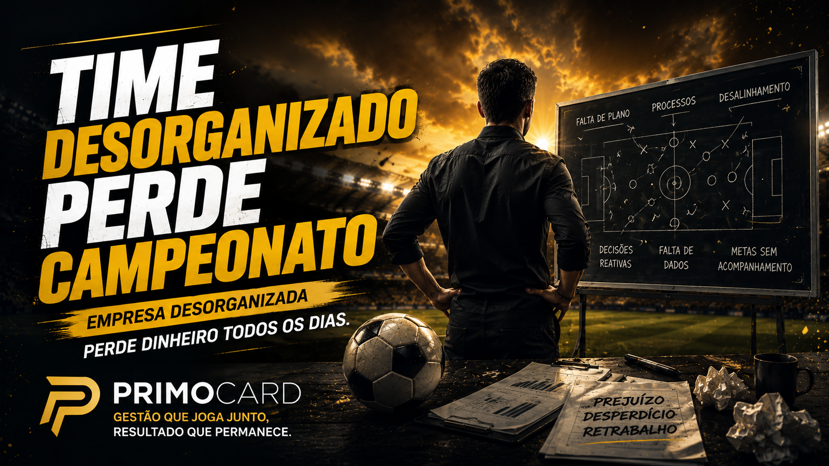 Equipe em um estadio com sinais de desorganizacao tatica enquanto um empresario analisa processos e indicadores empresariais. Arte relaciona organizacao esportiva e estrutura empresarial.