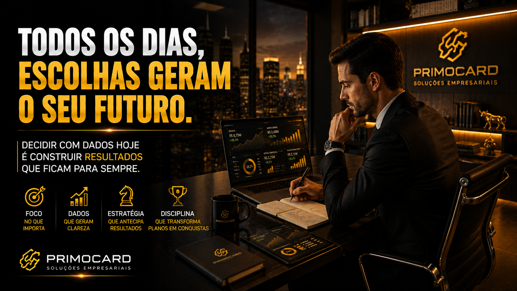 Empresario analisando indicadores financeiros em escritorio moderno durante a noite.