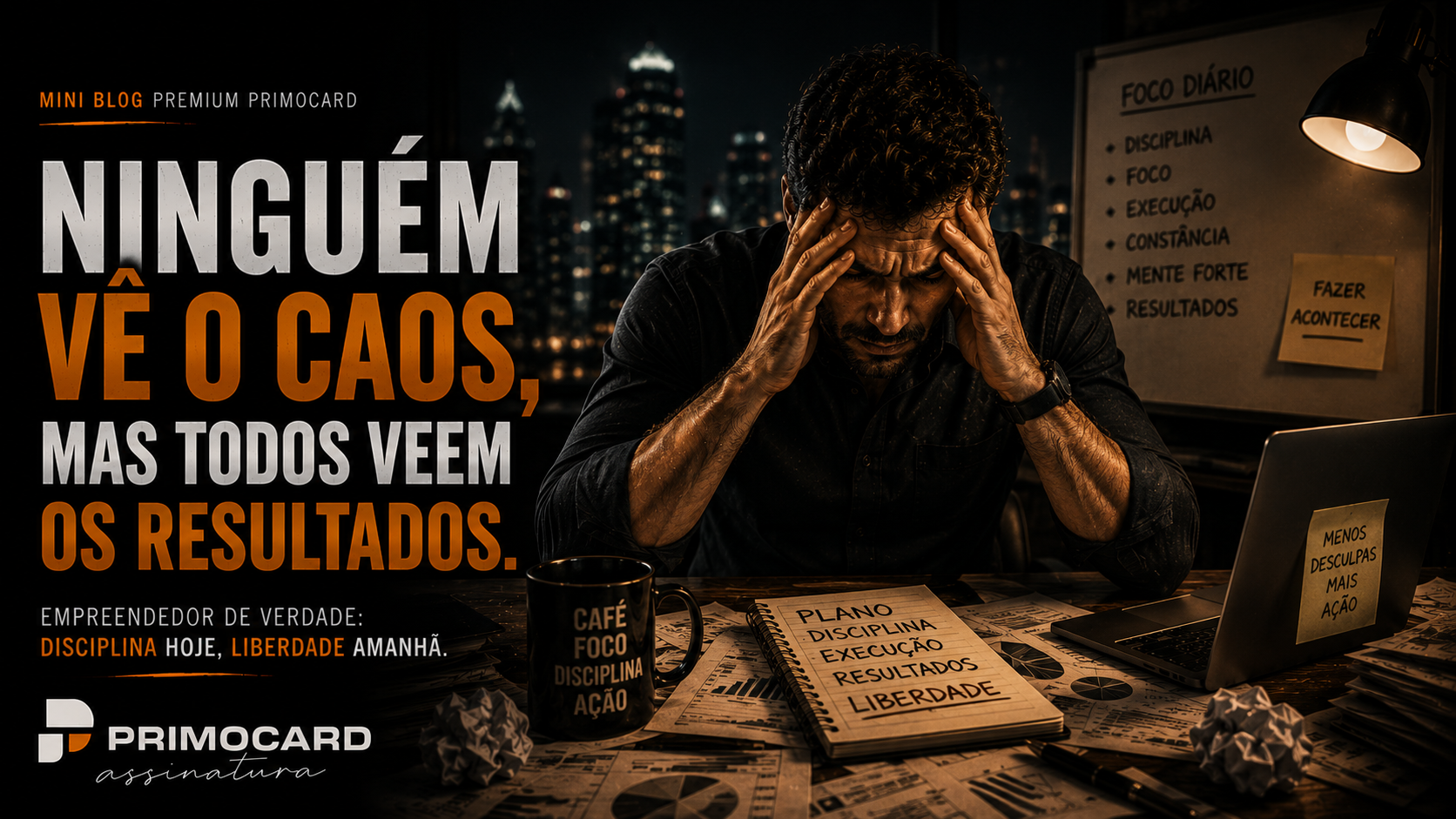 Empresario trabalhando sozinho durante a noite em um escritorio cercado por responsabilidades, documentos e decisoes importantes para o futuro da empresa.