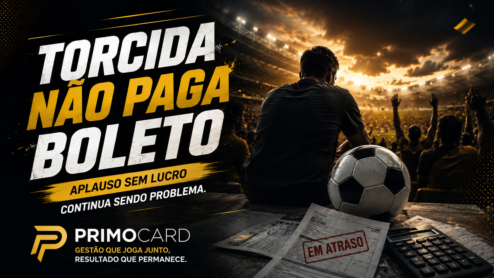Empresario observando uma torcida comemorando em um estadio enquanto boletos e documentos financeiros aparecem sobre a mesa. Arte relaciona visibilidade, faturamento e lucro empresarial.