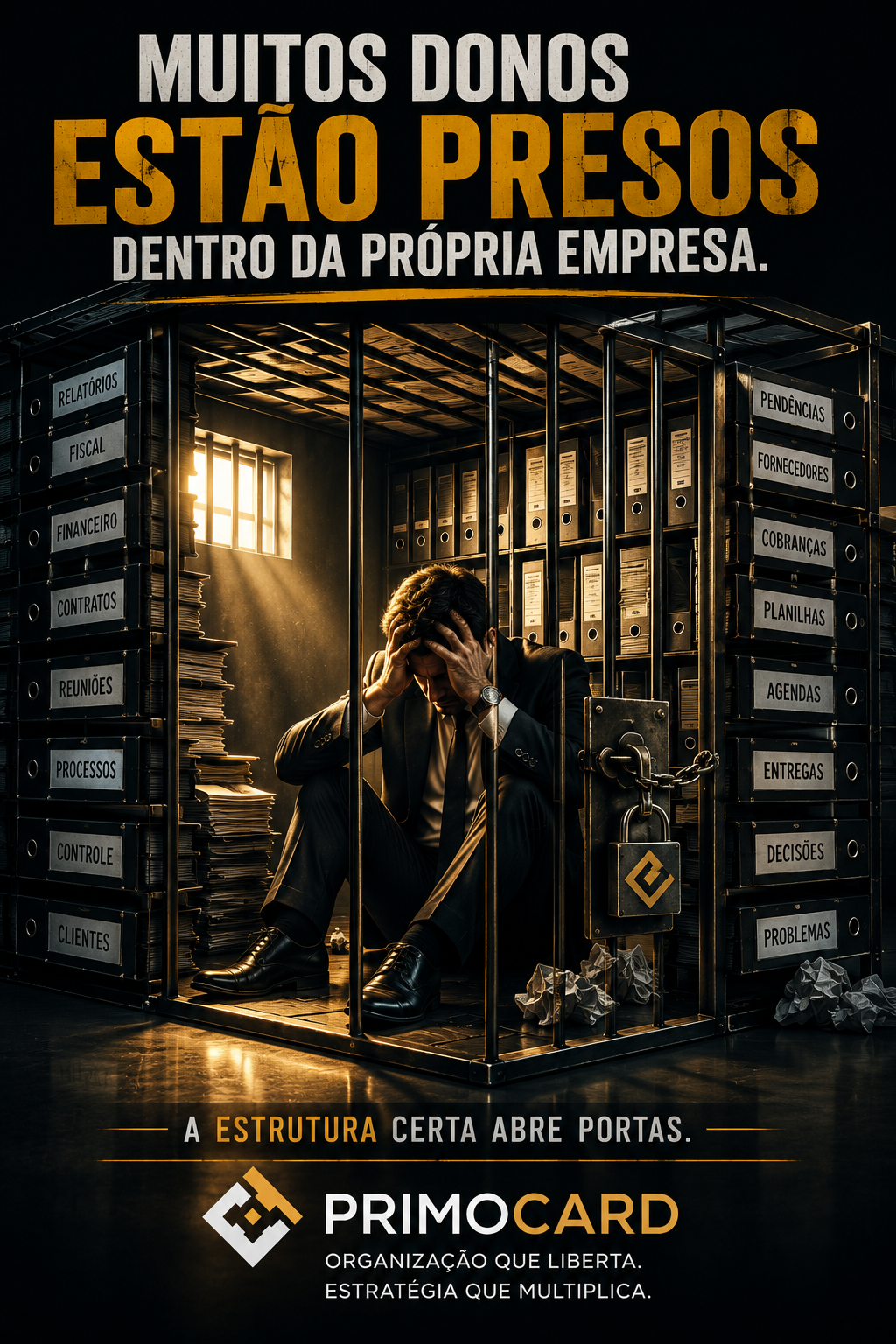 Empresário sentado dentro de uma estrutura semelhante a uma prisão, cercado por arquivos, pendências e processos empresariais.