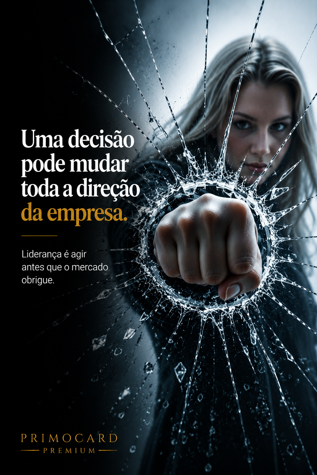 Punho quebrando vidro simbolizando decisões que transformam empresas.