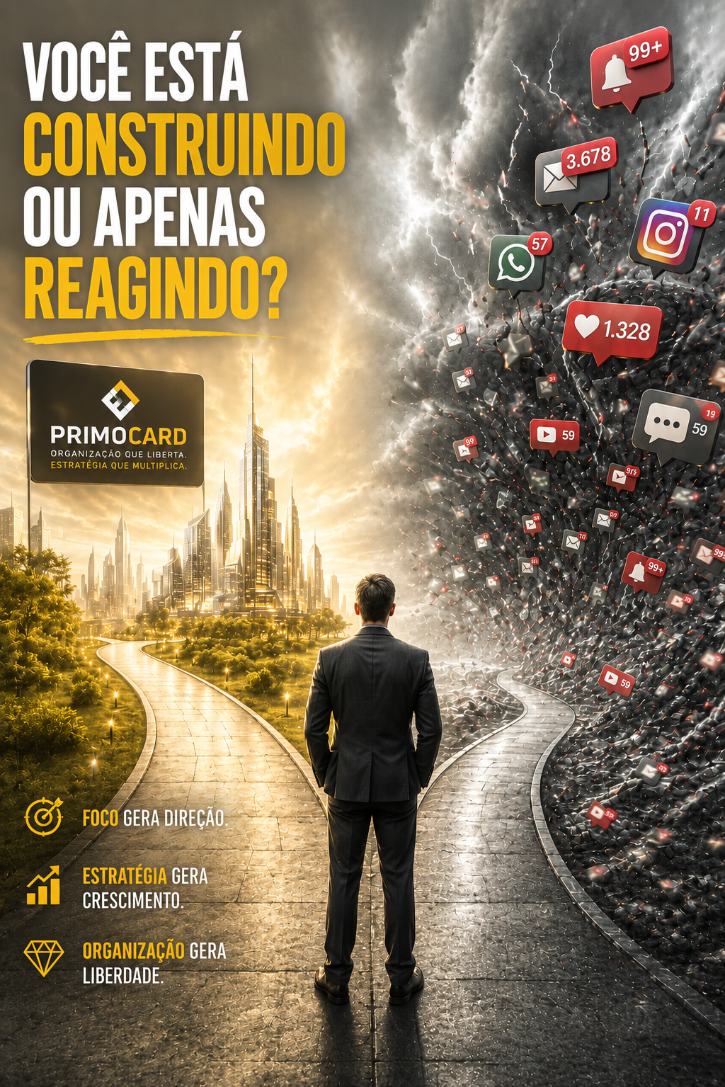 Empresário entre um caminho iluminado de crescimento e outro dominado por notificações e distrações digitais.