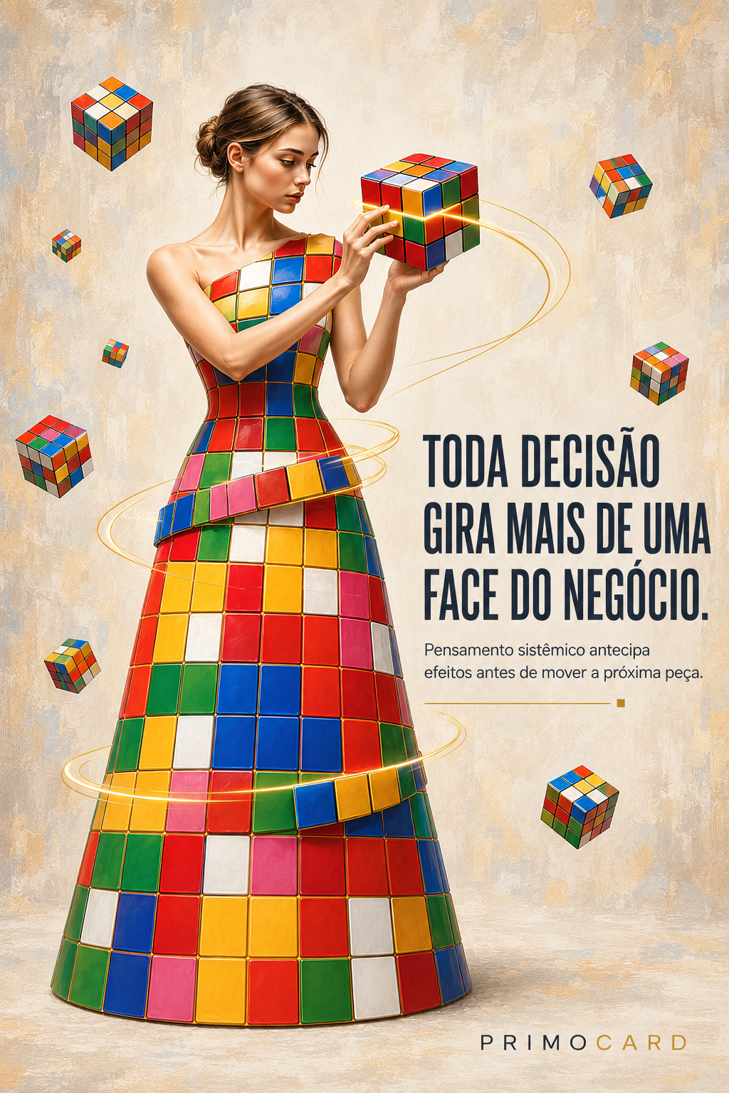 Mulher com vestido formado por cubos movimenta uma peça enquanto outros cubos giram ao redor.