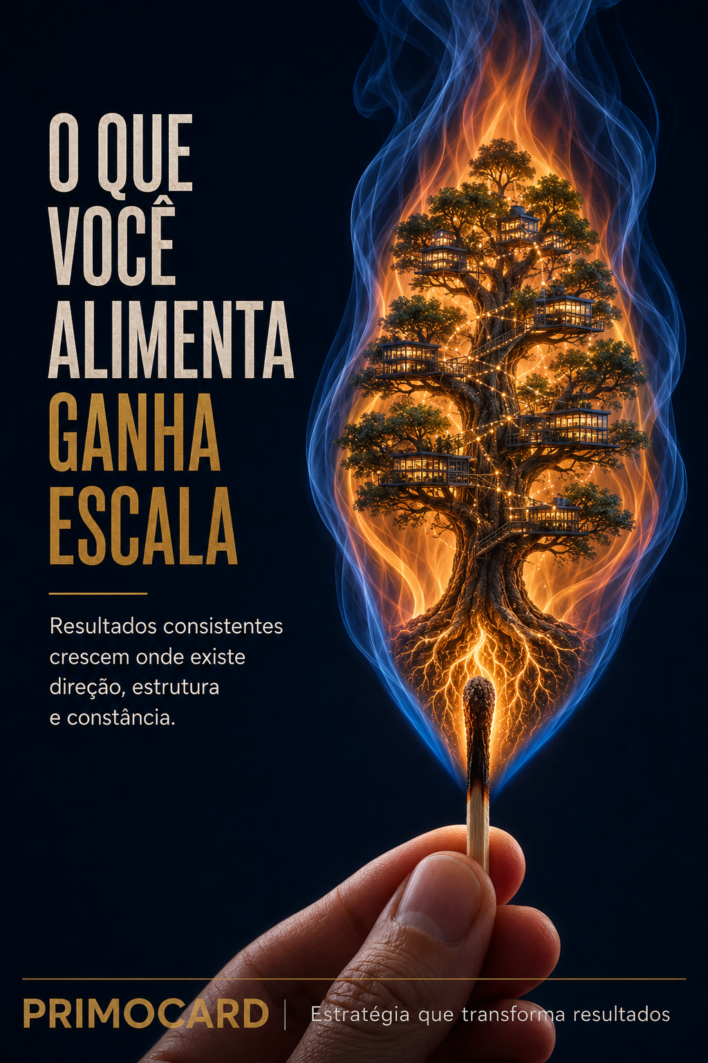 Fósforo aceso sustenta uma árvore complexa e conectada, simbolizando uma estrutura preparada para escalar.